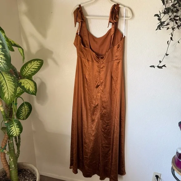 Lulus | Effortless Sophistication Bronze Satin Tie-Strap Maxi Dress - Picture 6 of 9